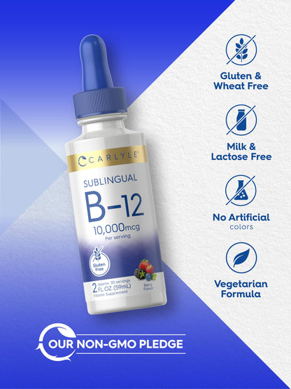 Carlyle Vitamin B12 Sublingual Liquid Drops 10,000 mcg - 2 fl oz | Vegetarian, Non-GMO, Gluten Free (Pack of 2)