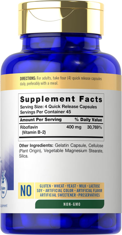 Carlyle Vitamin B-2 400mg – 180 Count – Non-GMO & Gluten Free | B2 Riboflavin Supplement