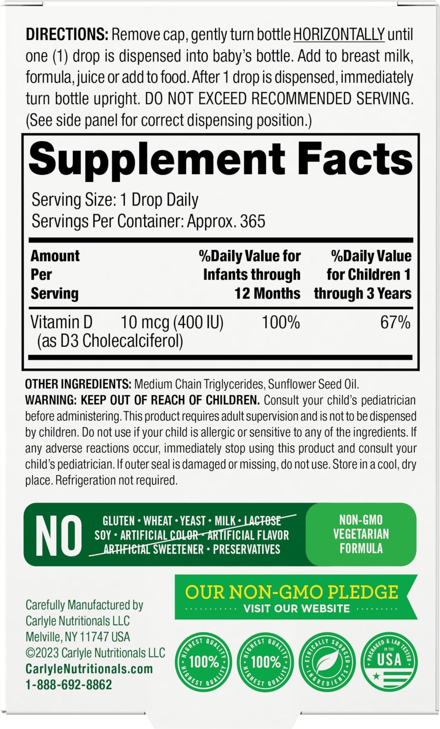 Carlyle Baby Vitamin D3 Drops 400 IU | 365 Servings | Vegetarian, Non-GMO, Gluten Free | Lil' Sprouts