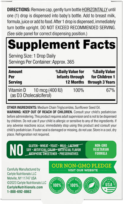 Carlyle Baby Vitamin D3 Drops 400 IU | 365 Servings | Vegetarian, Non-GMO, Gluten Free | Lil' Sprouts