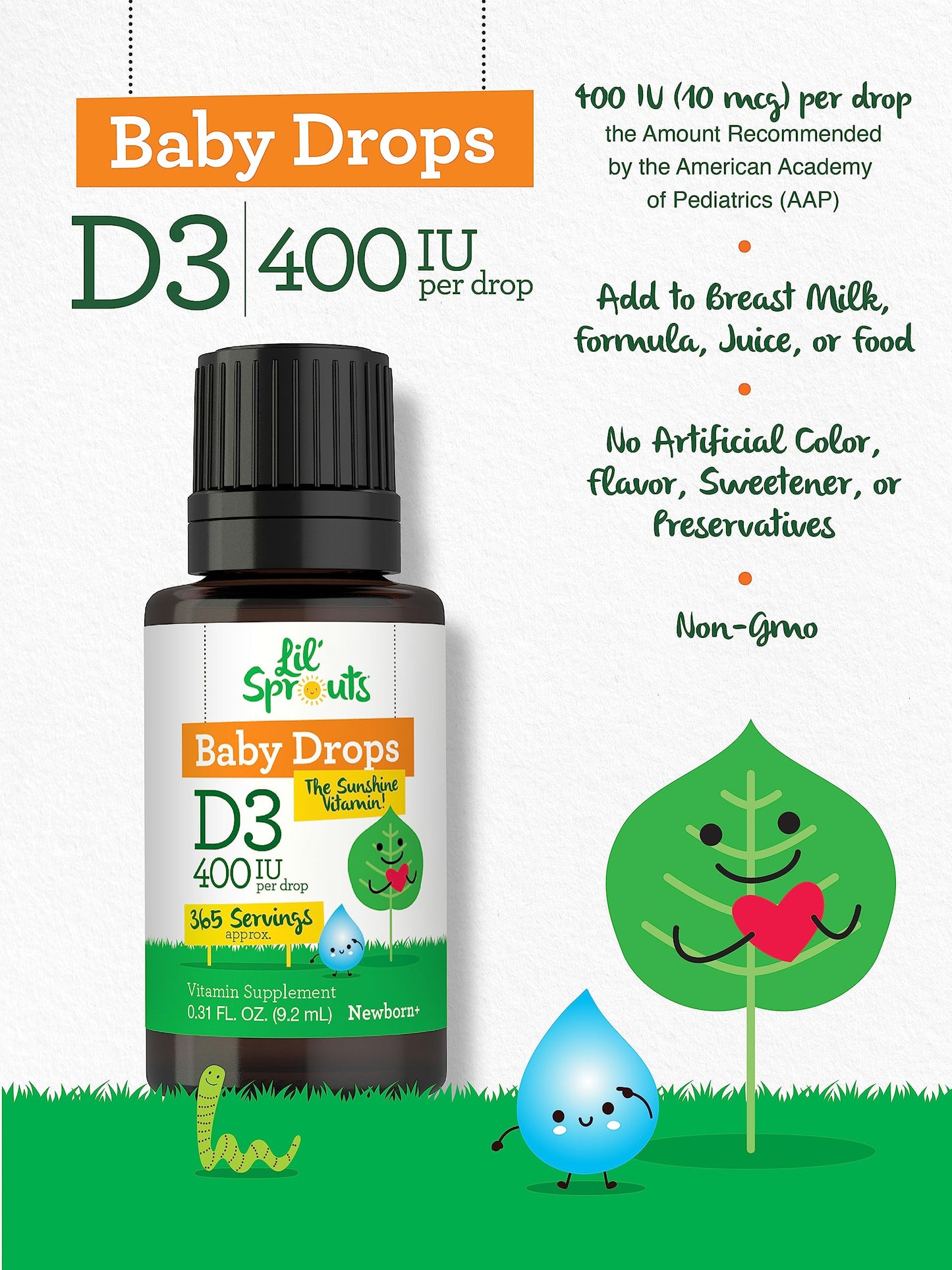 Carlyle Baby Vitamin D3 Drops 400 IU | 365 Servings | Vegetarian, Non-GMO, Gluten Free | Lil' Sprouts