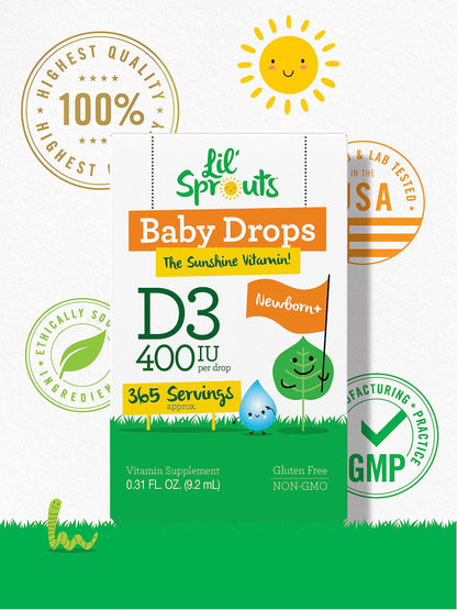 Carlyle Baby Vitamin D3 Drops 400 IU | 365 Servings | Vegetarian, Non-GMO, Gluten Free | Lil' Sprouts