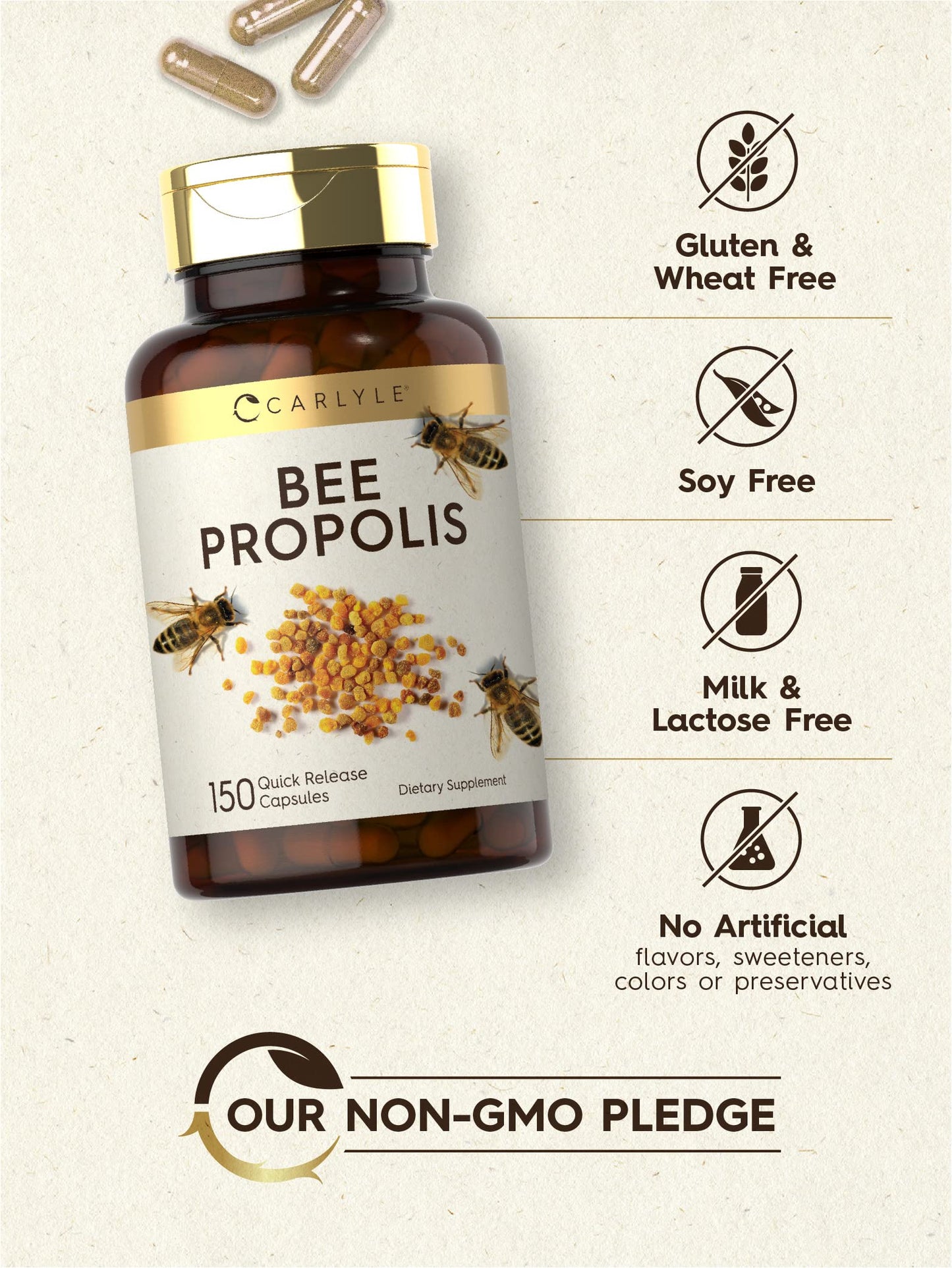 Carlyle Bee Propolis Capsules 600mg | 150 Count | Non-GMO, Gluten Free | Extract Supplement