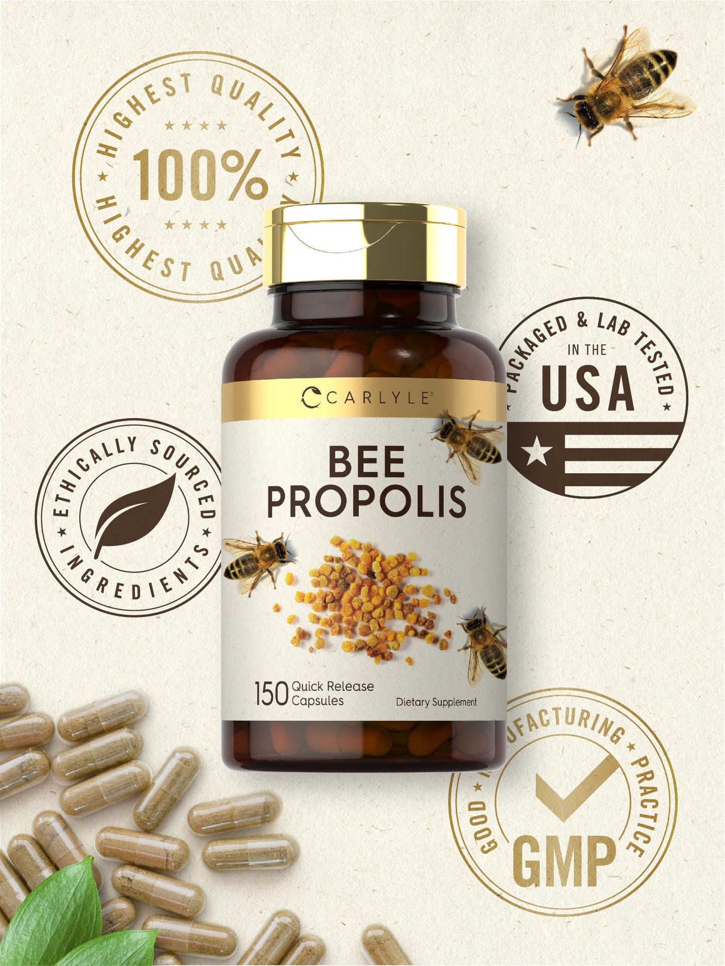 Carlyle Bee Propolis Capsules 600mg | 150 Count | Non-GMO, Gluten Free | Extract Supplement