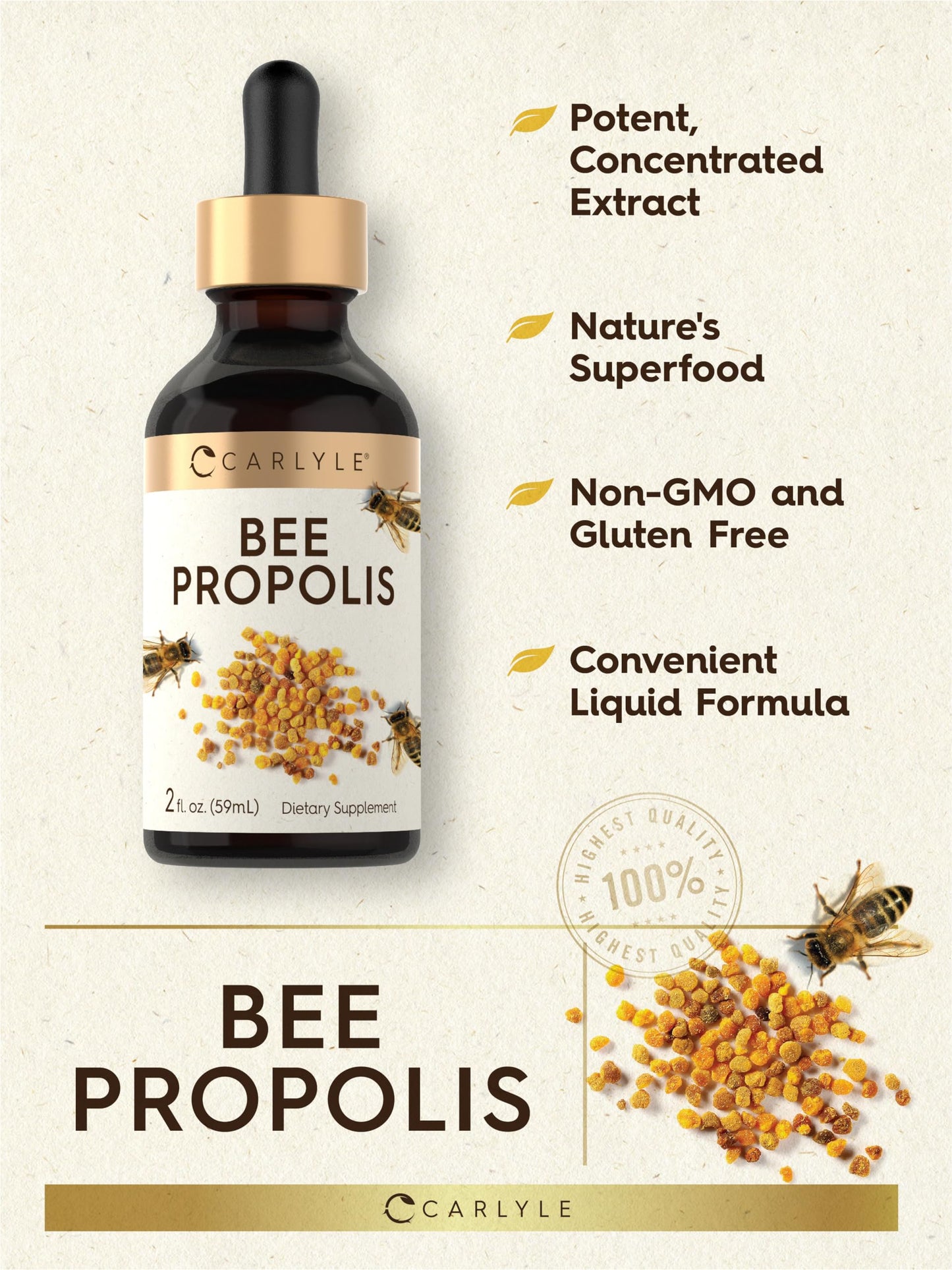 Carlyle Bee Propolis Tincture Drops | 2 Fl Oz | Liquid Extract | Non-GMO, Gluten Free Supplement