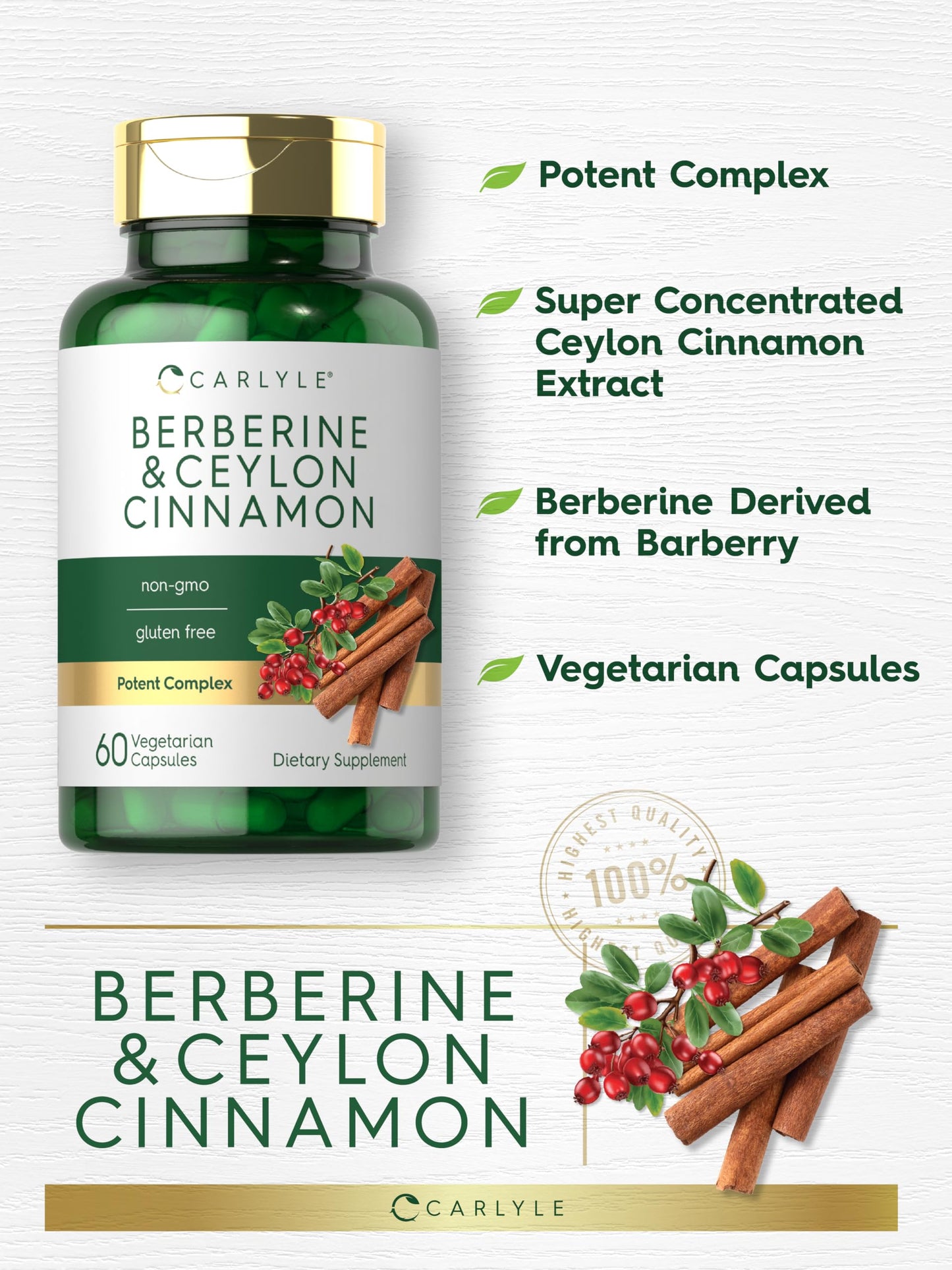 Carlyle Berberine with Ceylon Cinnamon - 2000mg Complex, 60 Capsules | Vegetarian, Non-GMO, Gluten Free