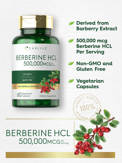 Carlyle Berberine HCL Supplement | 500,000mcg | 60 Capsules | Vegetarian, Non-GMO, Gluten Free