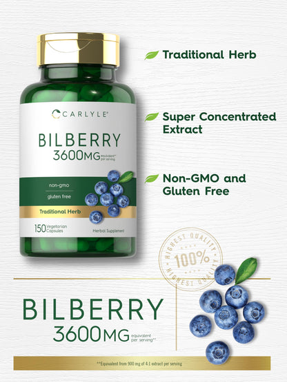 Carlyle Bilberry Extract Capsules | 3600mg, 150 Count | Vegetarian, Non-GMO, Gluten Free Fruit Supplement
