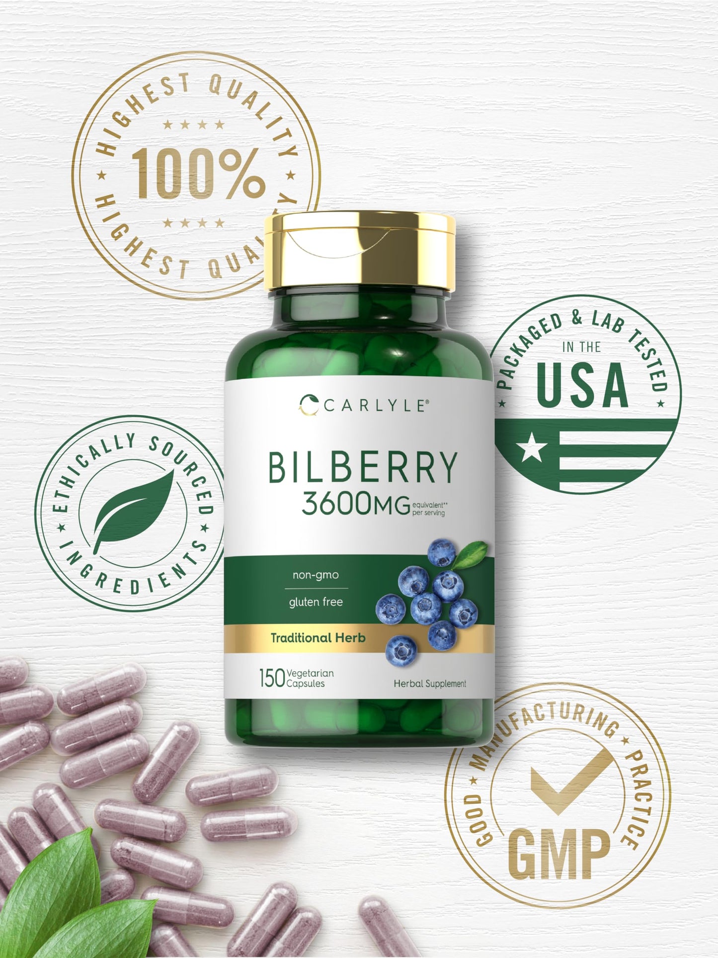 Carlyle Bilberry Extract Capsules | 3600mg, 150 Count | Vegetarian, Non-GMO, Gluten Free Fruit Supplement