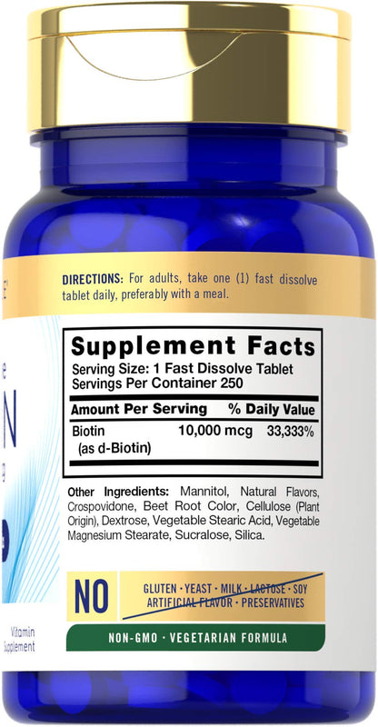 Carlyle Biotin 10000mcg | 250 Fast-Dissolve Tablets | Vegetarian, Non-GMO, Gluten Free