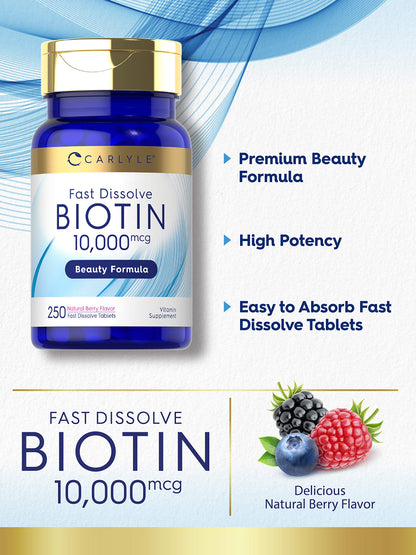 Carlyle Biotin 10000mcg | 250 Fast-Dissolve Tablets | Vegetarian, Non-GMO, Gluten Free