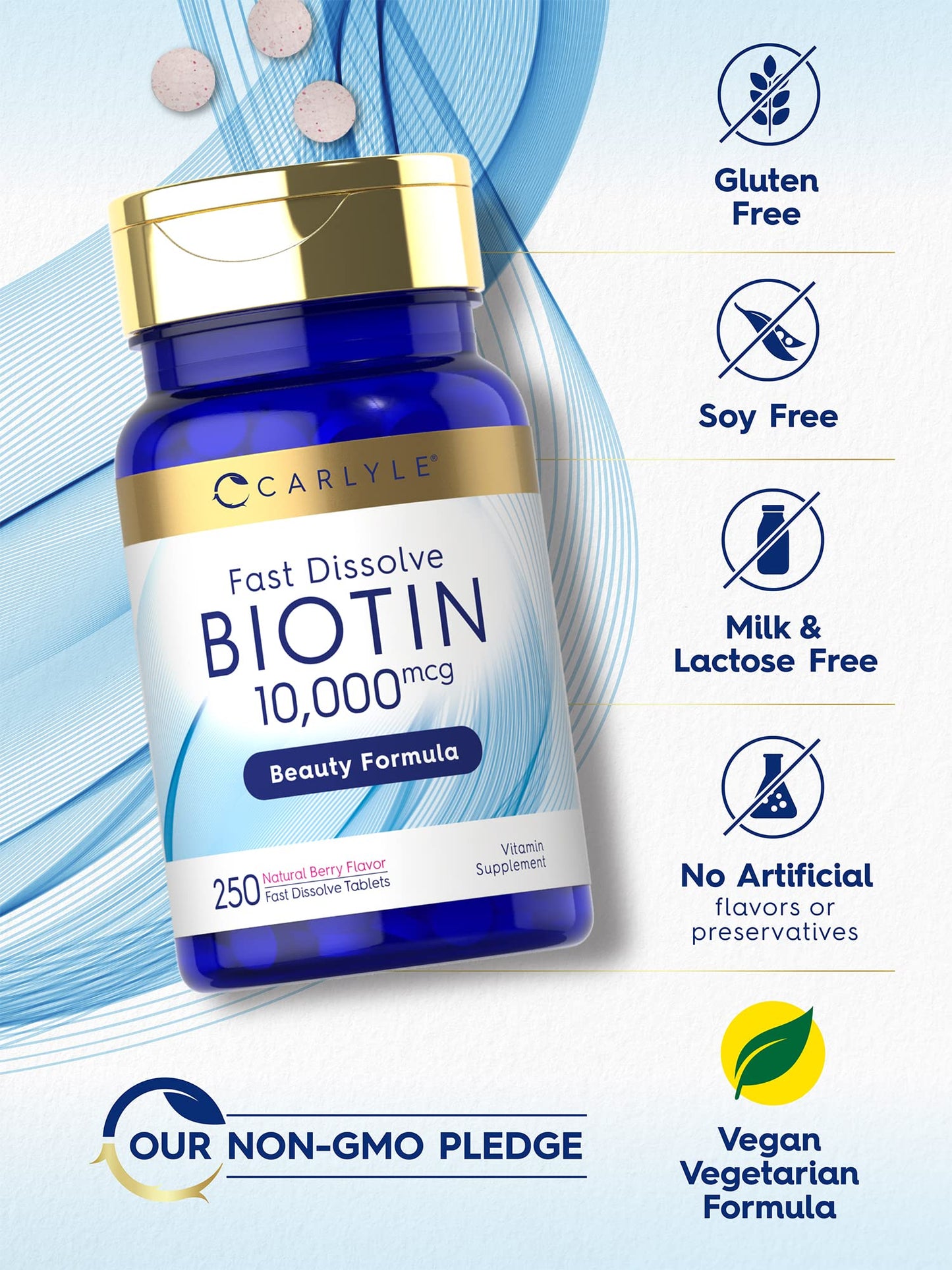 Carlyle Biotin 10000mcg | 250 Fast-Dissolve Tablets | Vegetarian, Non-GMO, Gluten Free