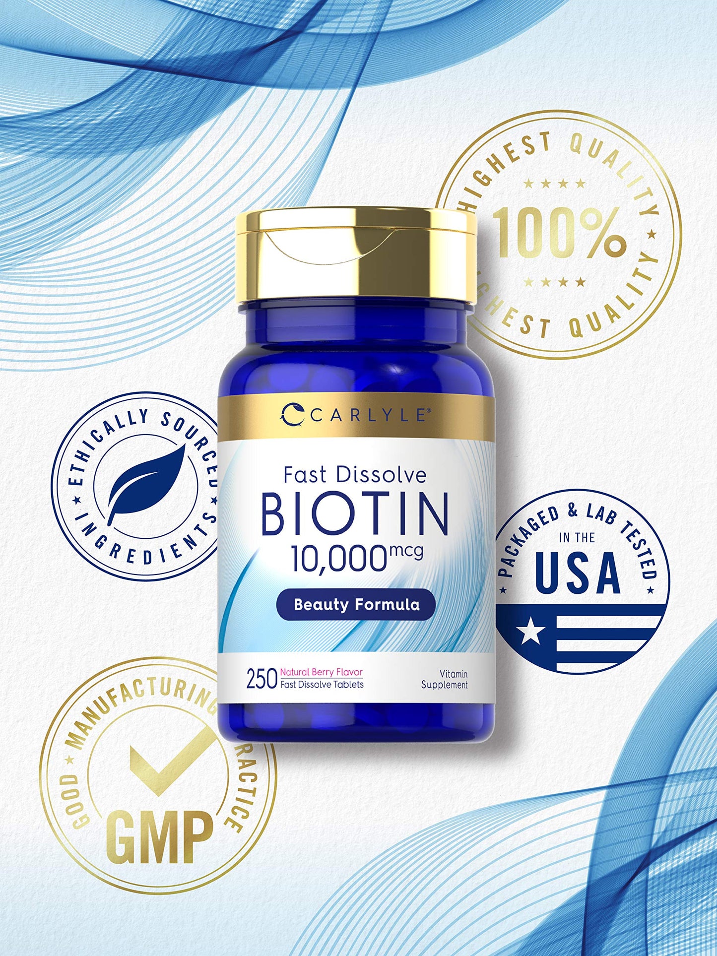 Carlyle Biotin 10000mcg | 250 Fast-Dissolve Tablets | Vegetarian, Non-GMO, Gluten Free