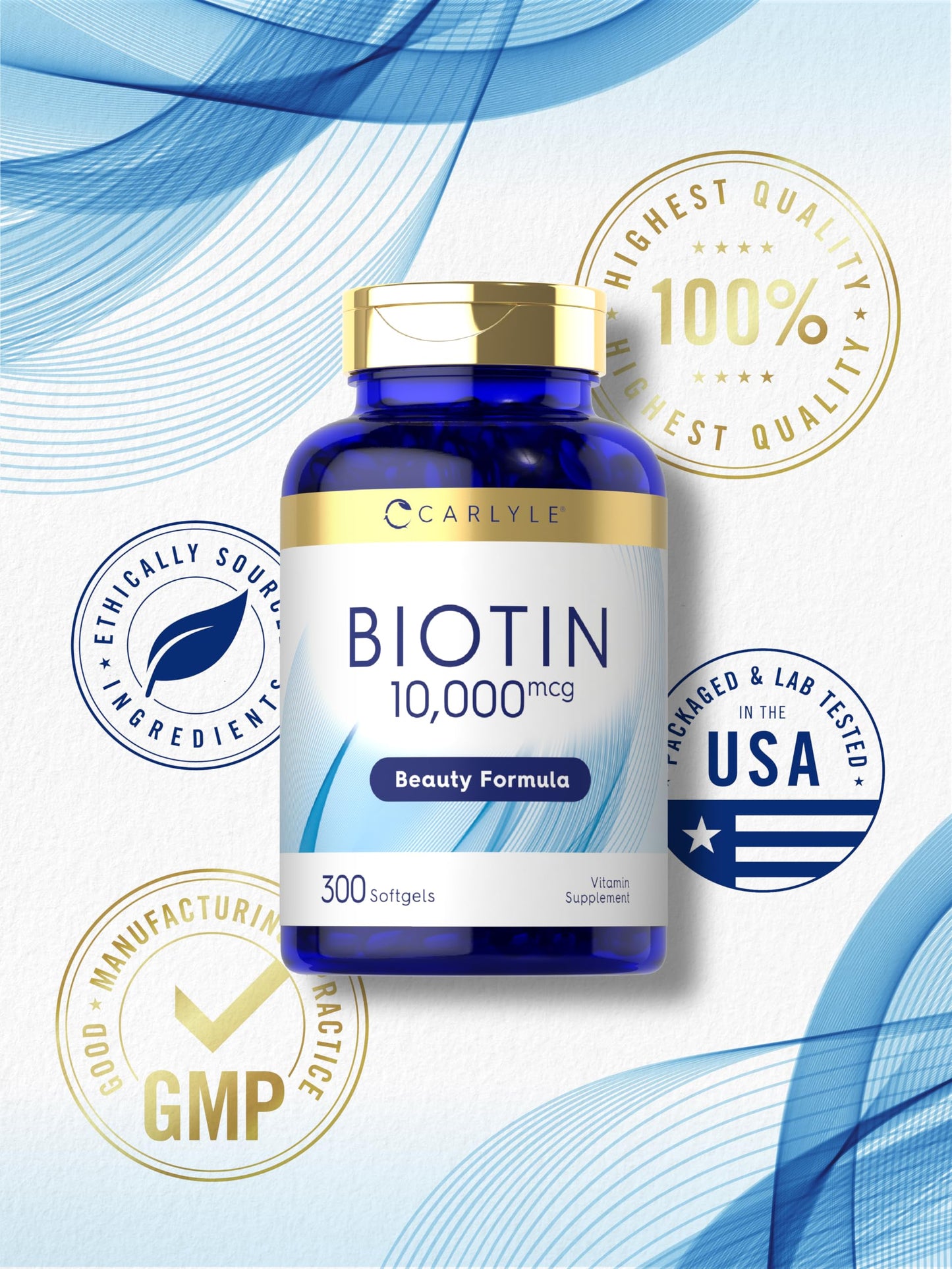 Carlyle Biotin 10000mcg | 300 Softgels | Max Strength | Non-GMO, Gluten Free Supplement