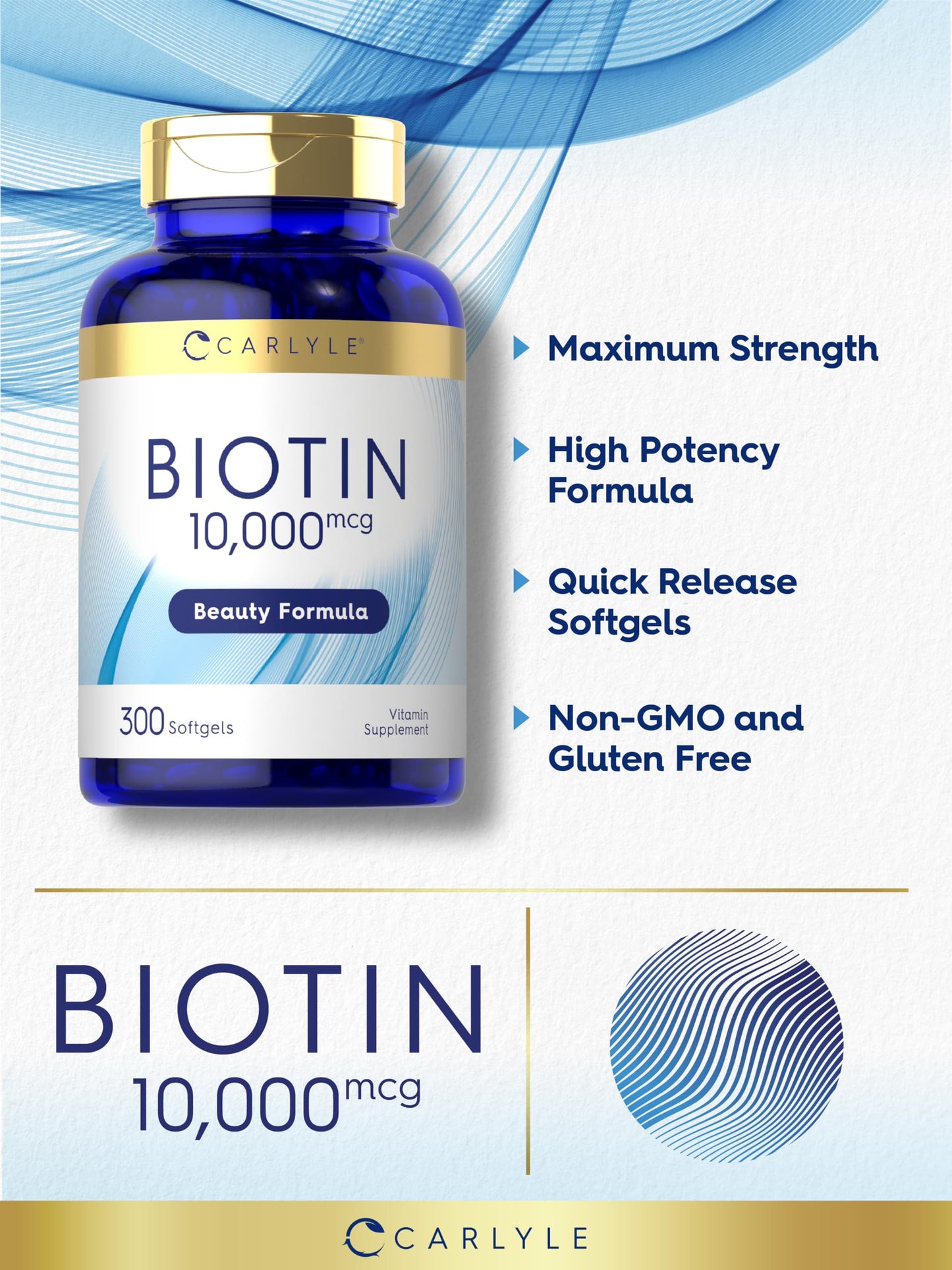 Carlyle Biotin 10000mcg | 300 Softgels | Max Strength | Non-GMO, Gluten Free Supplement