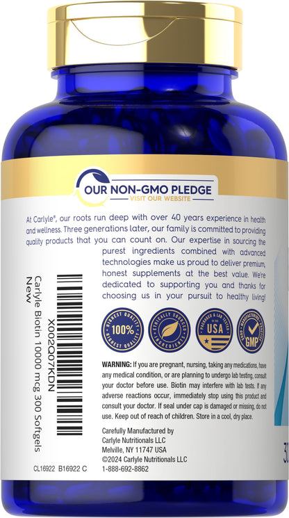 Carlyle Biotin 10000mcg | 300 Softgels | Max Strength | Non-GMO, Gluten Free Supplement