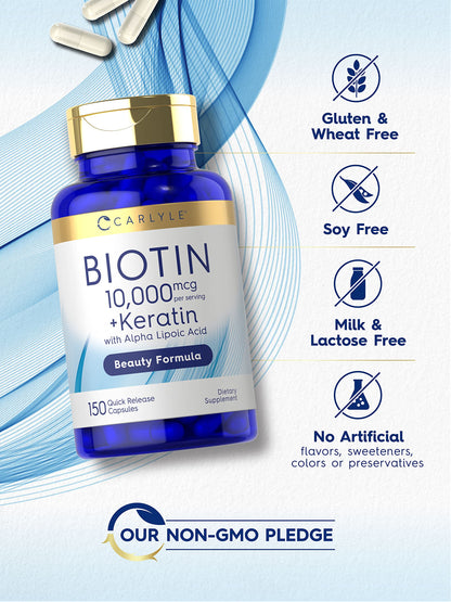 Carlyle Biotin 10000mcg | 150 Caps | Keratin Beauty Formula | Non-GMO