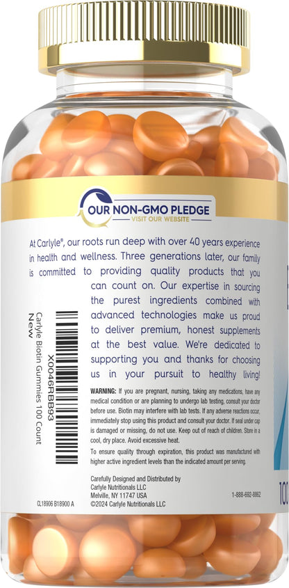 Carlyle Biotin 10000mcg Gummies | 100 Count | Peach Flavor Supplement | Vegan, Non-GMO, Gluten Free