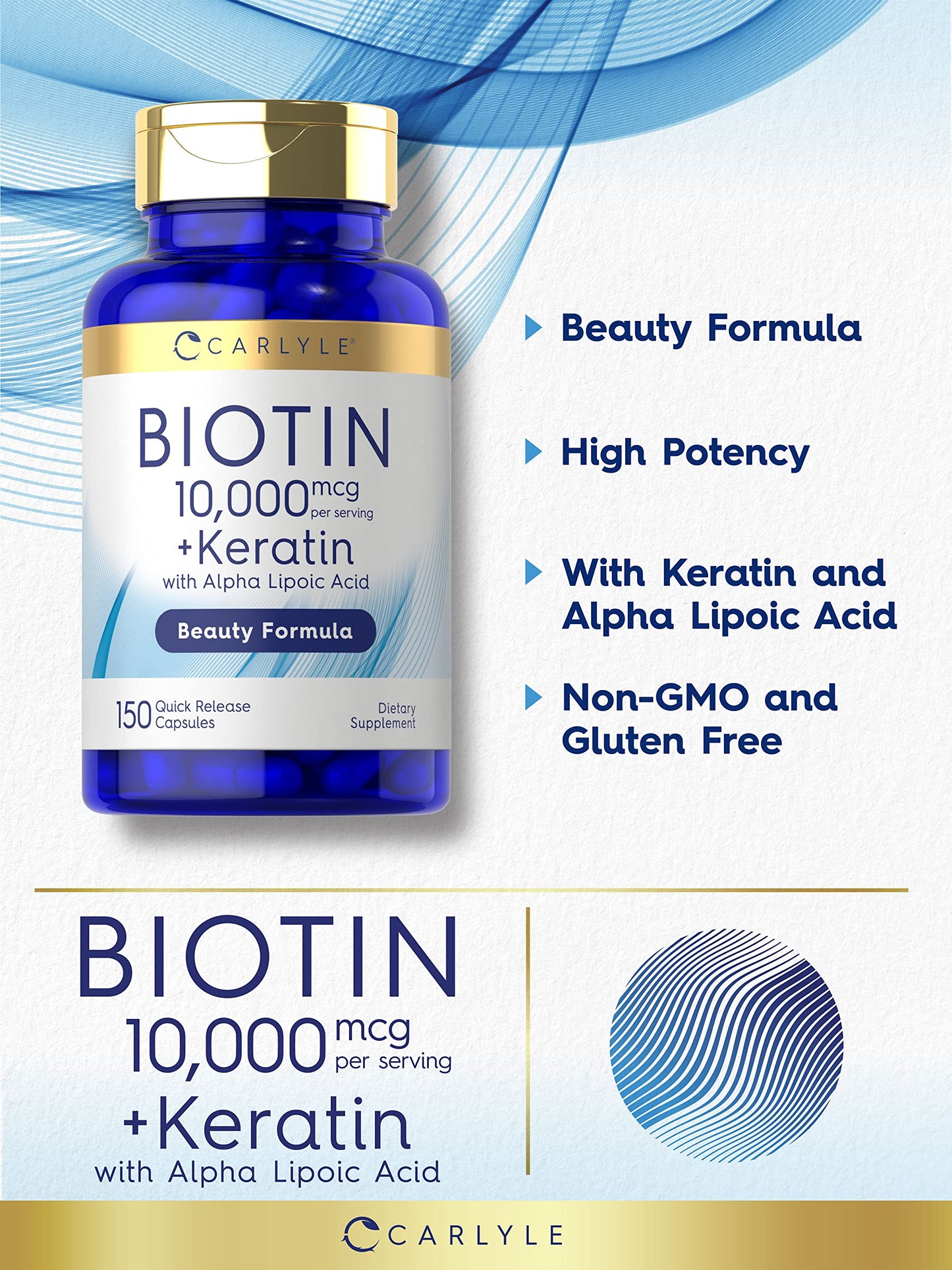 Carlyle Biotin 10000mcg | 150 Caps | Keratin Beauty Formula | Non-GMO