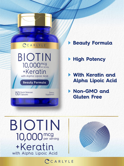 Carlyle Biotin 10000mcg | 150 Caps | Keratin Beauty Formula | Non-GMO