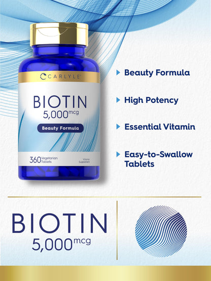 Carlyle Biotin 5000 mcg – 360 Vegetarian Tablets | Non-GMO, Gluten-Free