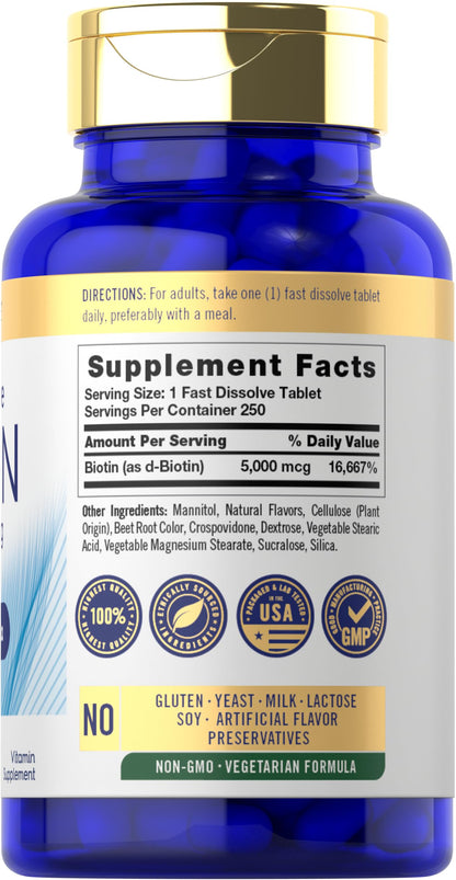 Carlyle Biotin 5000mcg – 250 Fast-Dissolve Tablets | Vegetarian, Non-GMO, Gluten Free
