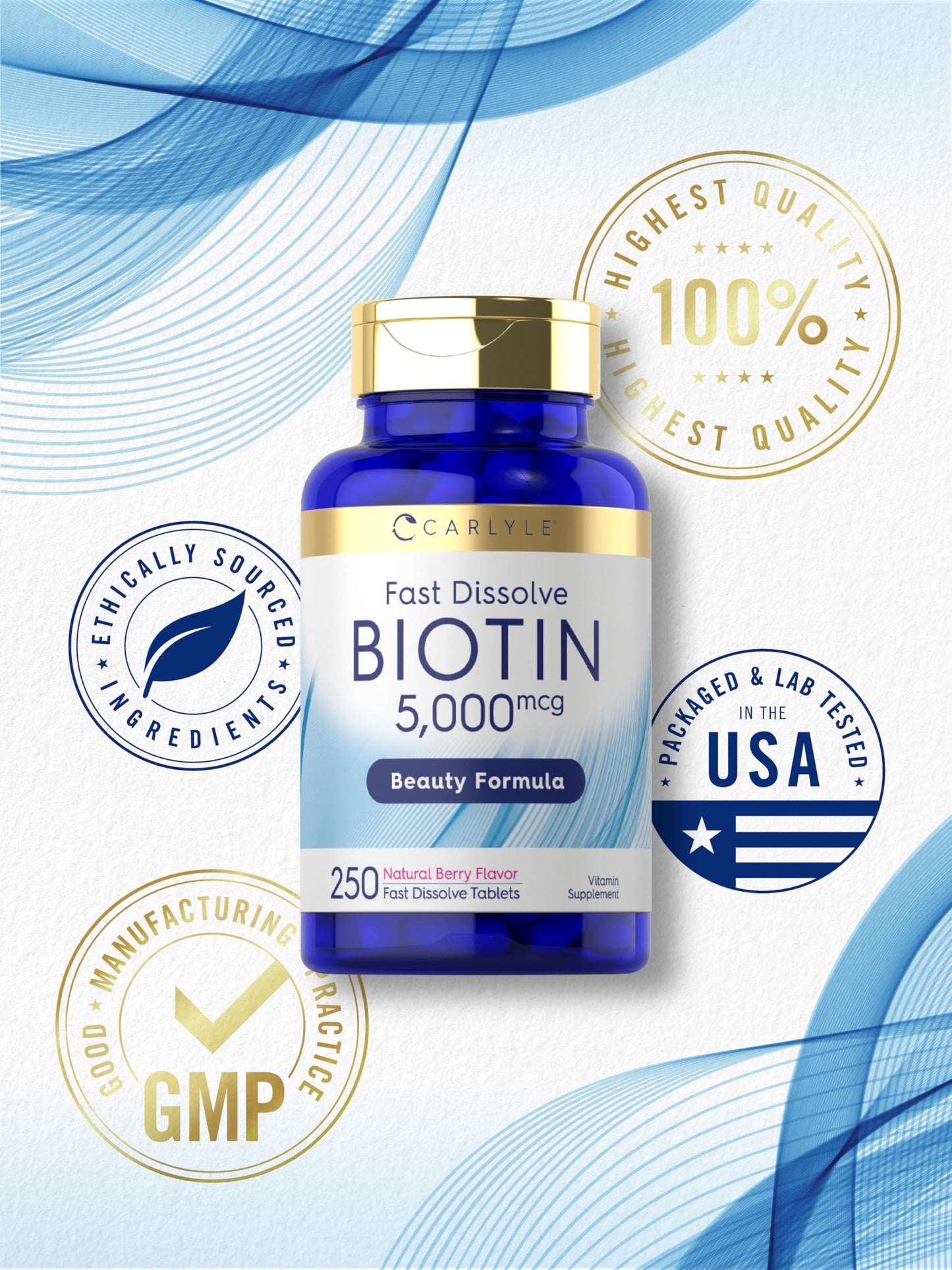 Carlyle Biotin 5000mcg – 250 Fast-Dissolve Tablets | Vegetarian, Non-GMO, Gluten Free