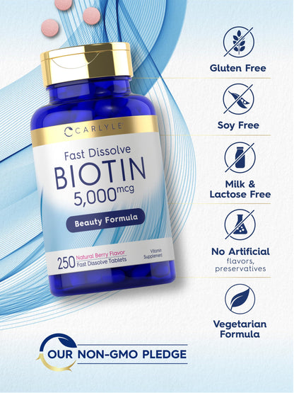 Carlyle Biotin 5000mcg – 250 Fast-Dissolve Tablets | Vegetarian, Non-GMO, Gluten Free