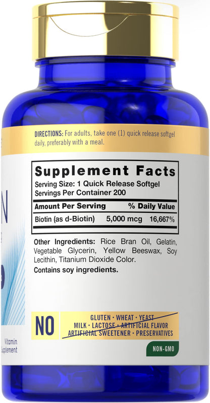 Carlyle Biotin 5000mcg Softgels – 200 Count | Hair, Skin & Nails Vitamin | Non-GMO, Gluten Free