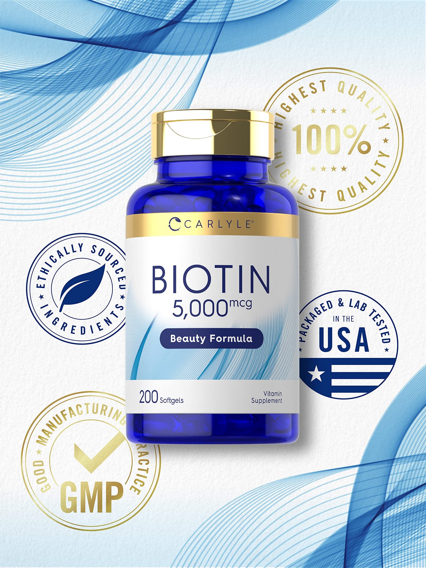 Carlyle Biotin 5000mcg Softgels – 200 Count | Hair, Skin & Nails Vitamin | Non-GMO, Gluten Free