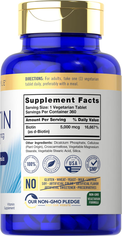 Carlyle Biotin 5000 mcg – 360 Vegetarian Tablets | Non-GMO, Gluten-Free