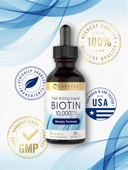 Carlyle Liquid Biotin 10000mcg | 2 oz | Extra Strength Drops | Vegetarian, Non-GMO, Gluten Free Supplement
