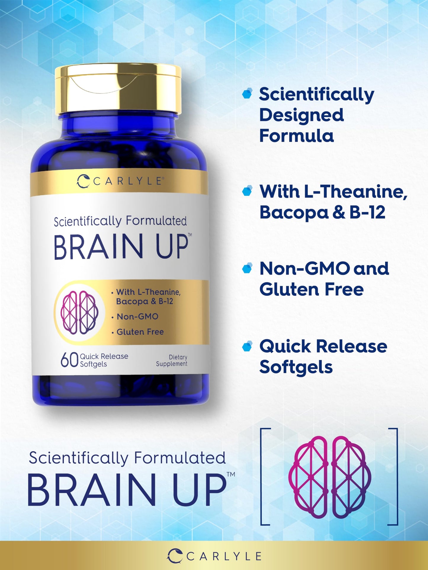 Carlyle Brain Up – 60 Softgels | L-Theanine, Bacopa & B-12 | Non-GMO, Gluten Free