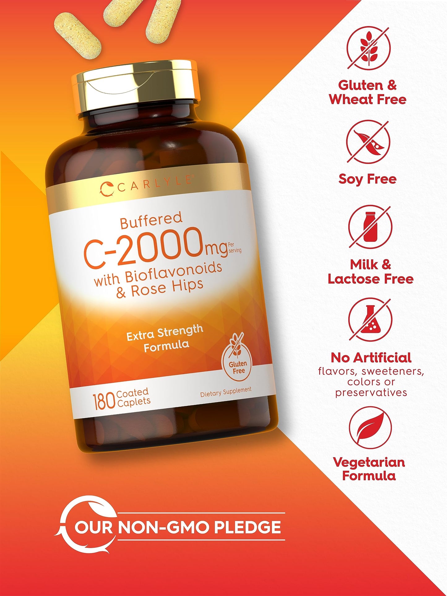Carlyle Buffered Vitamin C 2000mg | 180 Caplets | Rose Hips & Bioflavonoids