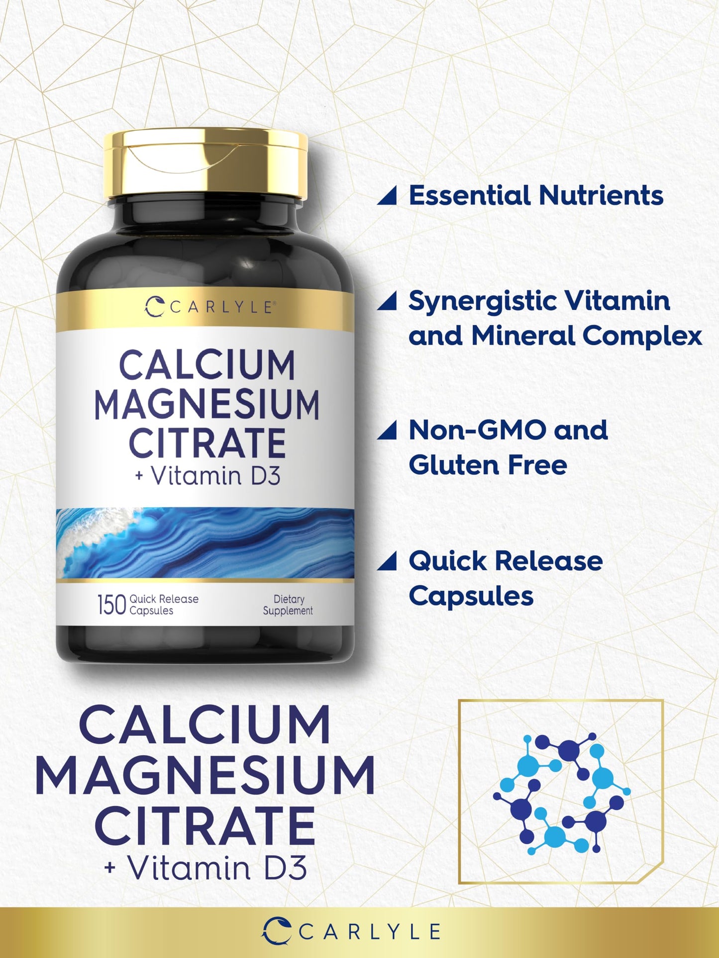 Carlyle Calcium Magnesium Citrate with Vitamin D3 – 150 Capsules (Non-GMO, Gluten Free)