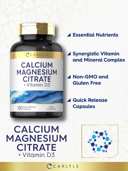 Carlyle Calcium Magnesium Citrate with Vitamin D3 – 150 Capsules (Non-GMO, Gluten Free)