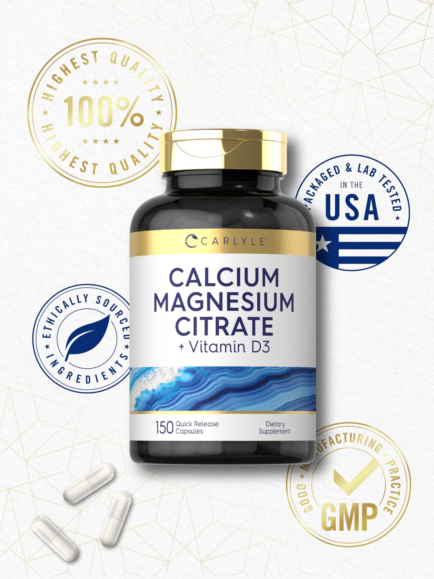 Carlyle Calcium Magnesium Citrate with Vitamin D3 – 150 Capsules (Non-GMO, Gluten Free)