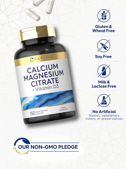 Carlyle Calcium Magnesium Citrate with Vitamin D3 – 150 Capsules (Non-GMO, Gluten Free)