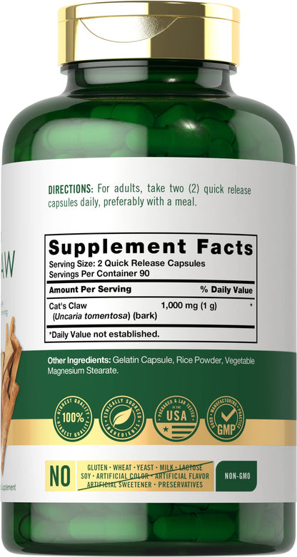 Carlyle Cat's Claw 1000mg Capsules - 180 Count | Uncaria Tomentosa | Non-GMO, Gluten Free