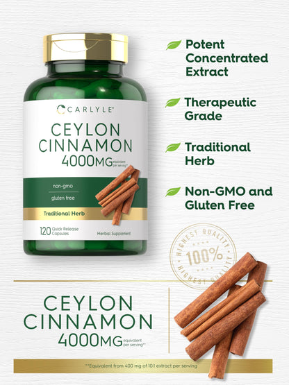 Carlyle Ceylon Cinnamon Capsules 4000 mg | 120 Count | Non-GMO & Gluten Free Supplement