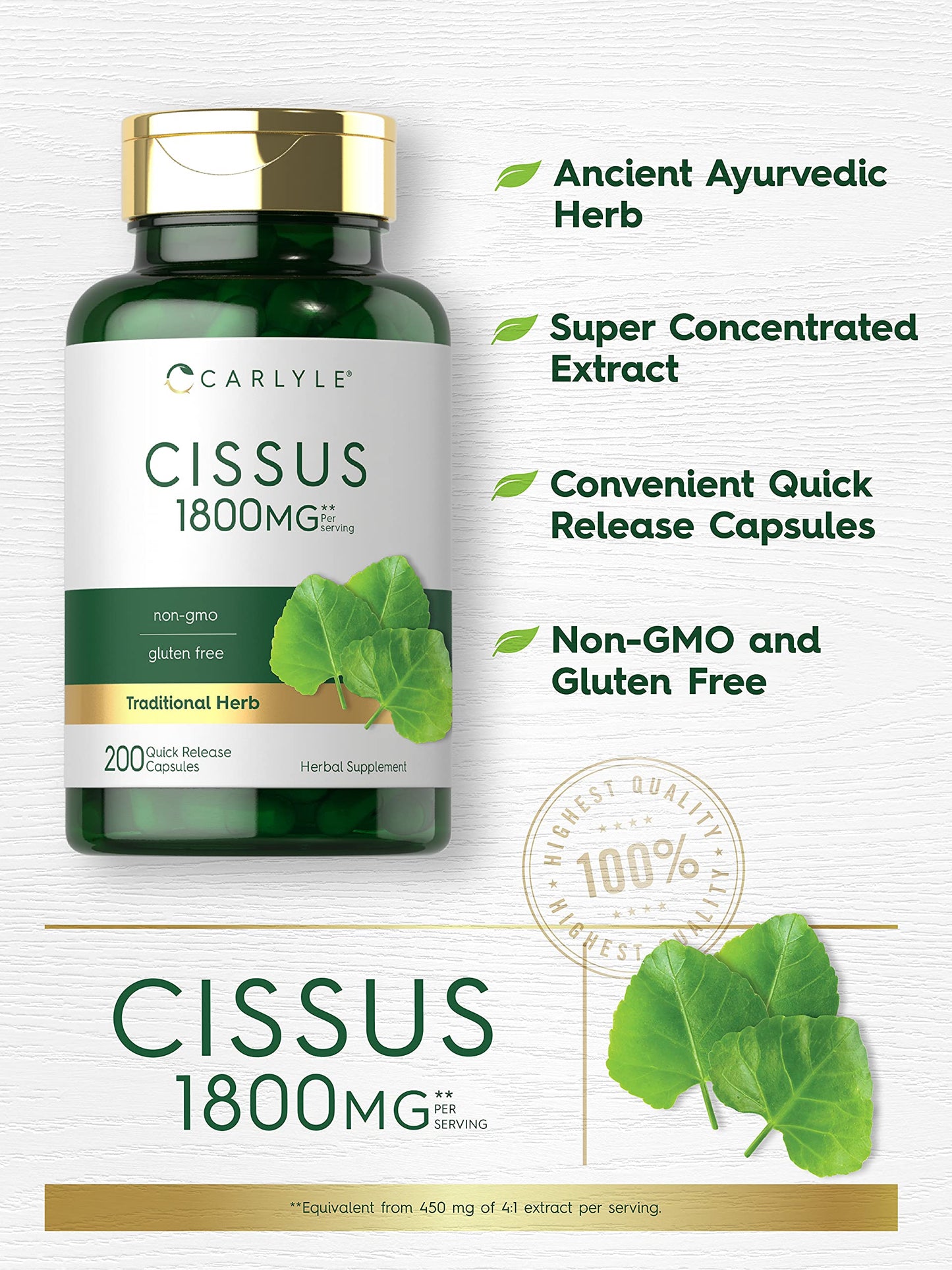 Carlyle Cissus Quadrangularis 1800mg | 200 Capsules | Non-GMO & Gluten Free