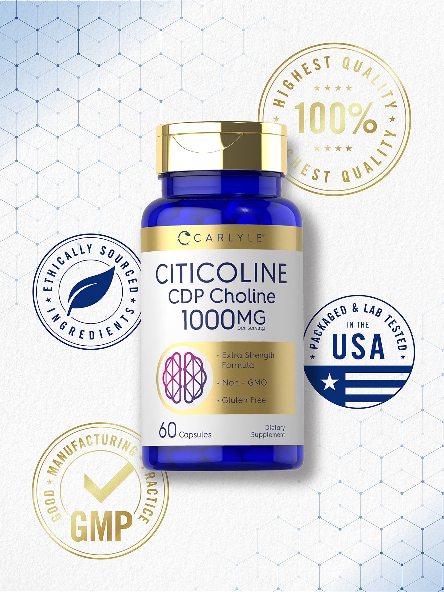 Carlyle Citicoline CDP Choline 1000mg - 60 Capsules | Non-GMO, Gluten Free