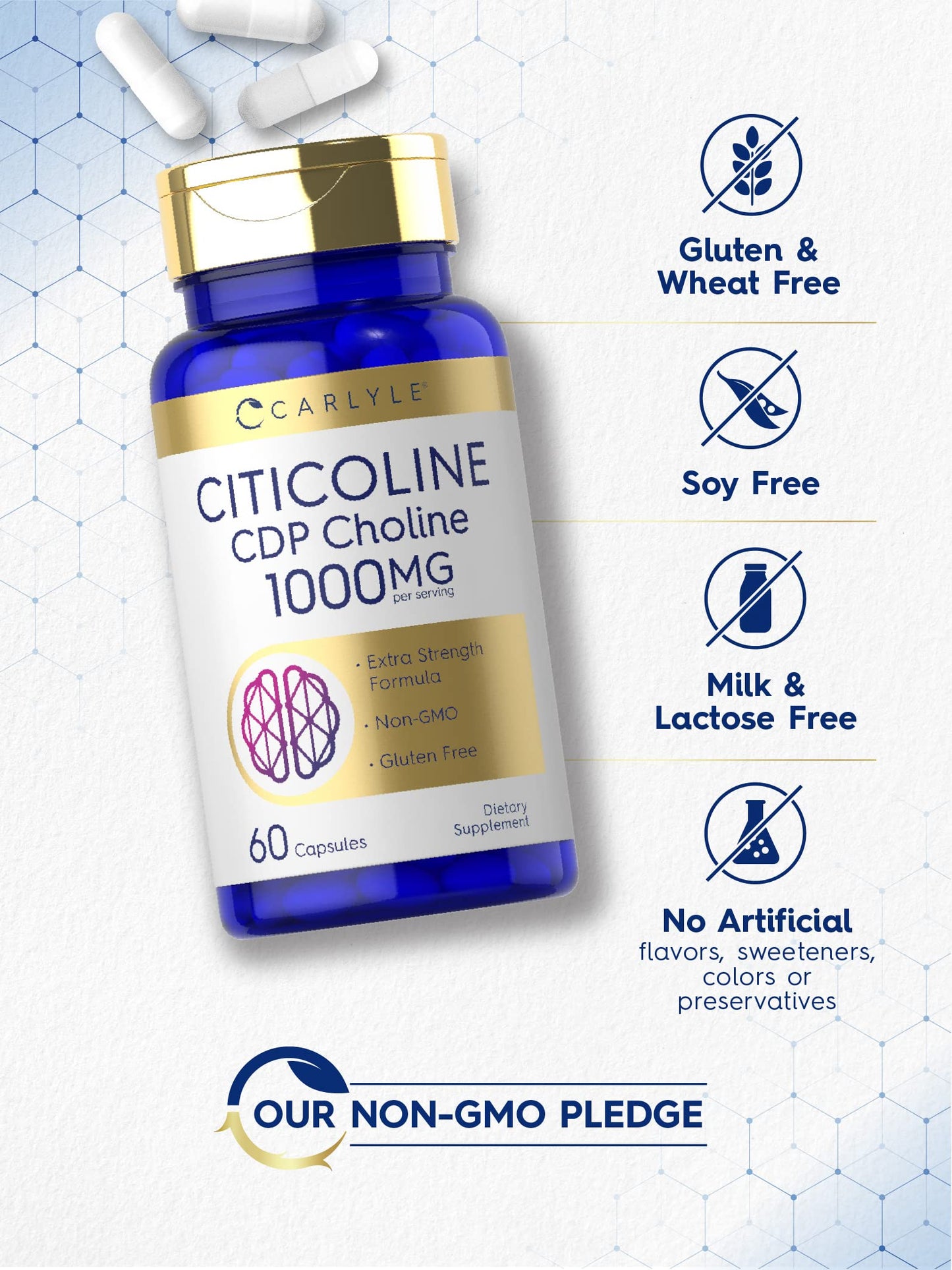 Carlyle Citicoline CDP Choline 1000mg - 60 Capsules | Non-GMO, Gluten Free
