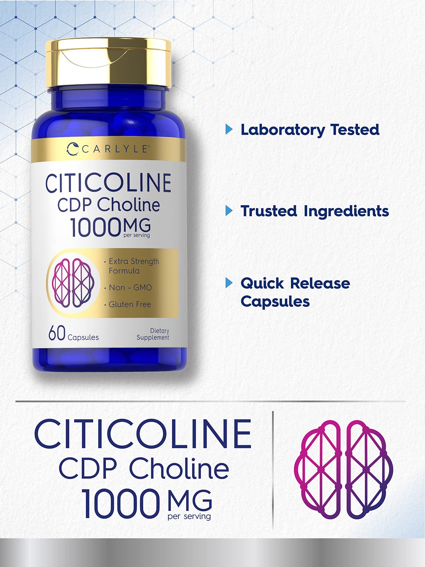 Carlyle Citicoline CDP Choline 1000mg - 60 Capsules | Non-GMO, Gluten Free