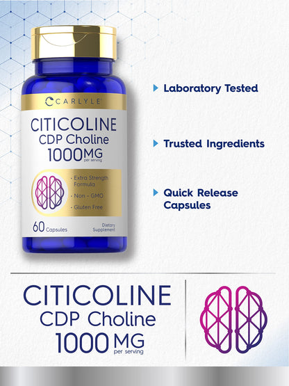 Carlyle Citicoline CDP Choline 1000mg - 60 Capsules | Non-GMO, Gluten Free