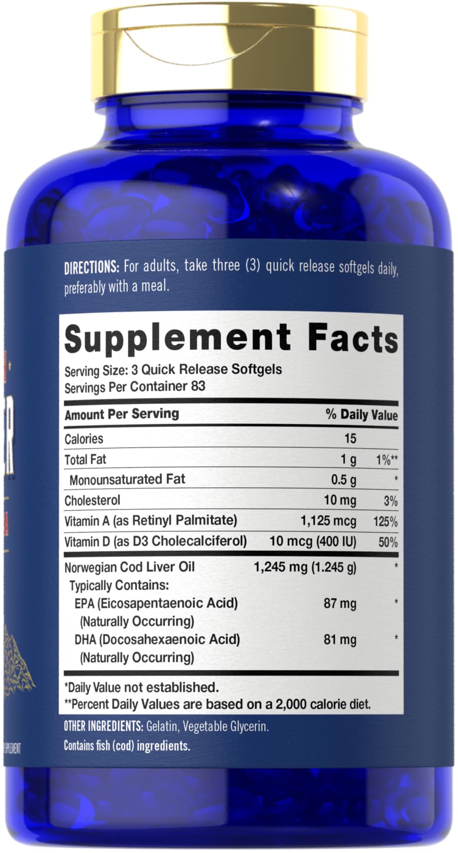 Carlyle Cod Liver Oil Softgels 1245mg – 250 Count – Norwegian, Non-GMO, Gluten Free