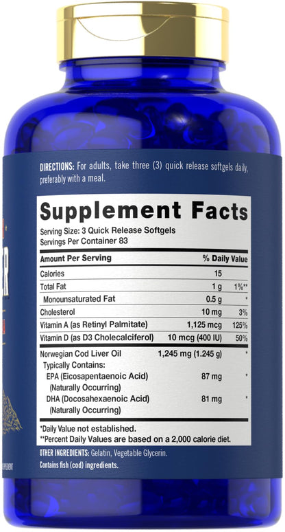 Carlyle Cod Liver Oil Softgels 1245mg – 250 Count – Norwegian, Non-GMO, Gluten Free