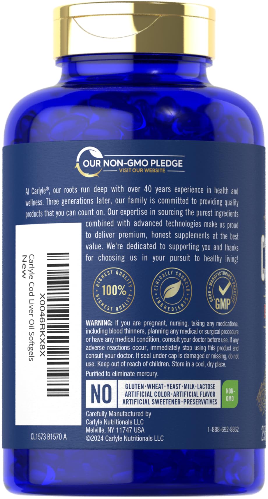 Carlyle Cod Liver Oil Softgels 1245mg – 250 Count – Norwegian, Non-GMO, Gluten Free