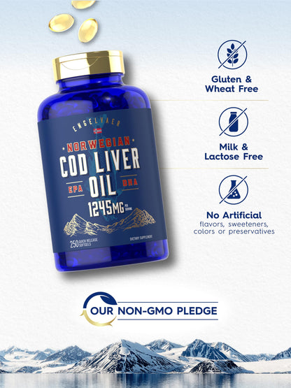Carlyle Cod Liver Oil Softgels 1245mg – 250 Count – Norwegian, Non-GMO, Gluten Free