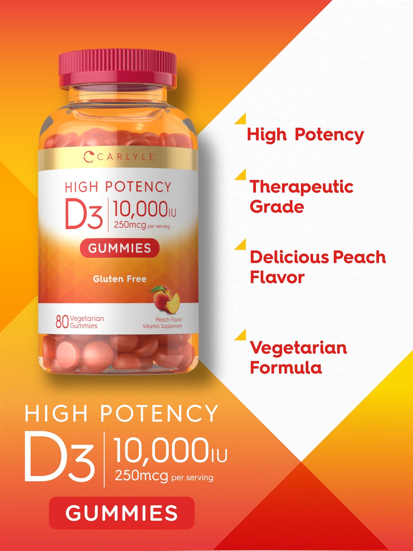 Carlyle Vitamin D3 10000iu Gummies – Peach, 80 Count | Vegetarian & Non-GMO